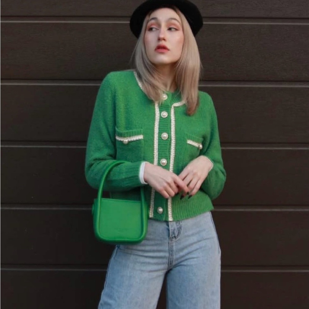 Elegant Green Cardigan with White Trim